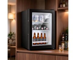 36L Mini Drankenkoelkast Zwart met glazen deur vrijstaande minibar koelkast voor koelen van bier cocktails frisdranken en sappen geschikt voor thuisgebruik en kantoor